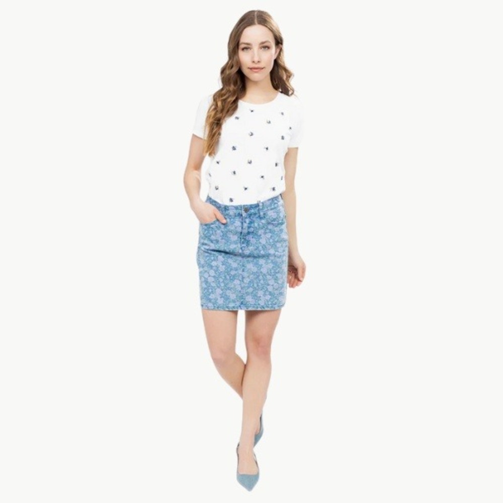 MARILOUP WOLFE Blue Floral Denim Mini Skirt | Cottagecore casual | Size 3‎